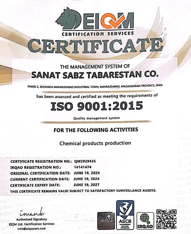 ISO 9001:2015 Quality Management Certificate - Tabarestan Green Industry