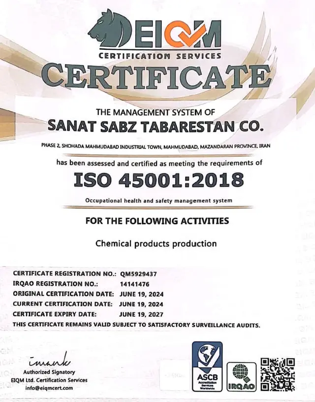 ISO 45001:2018 Occupational Health & Safety Certificate - Tabarestan Green Industry